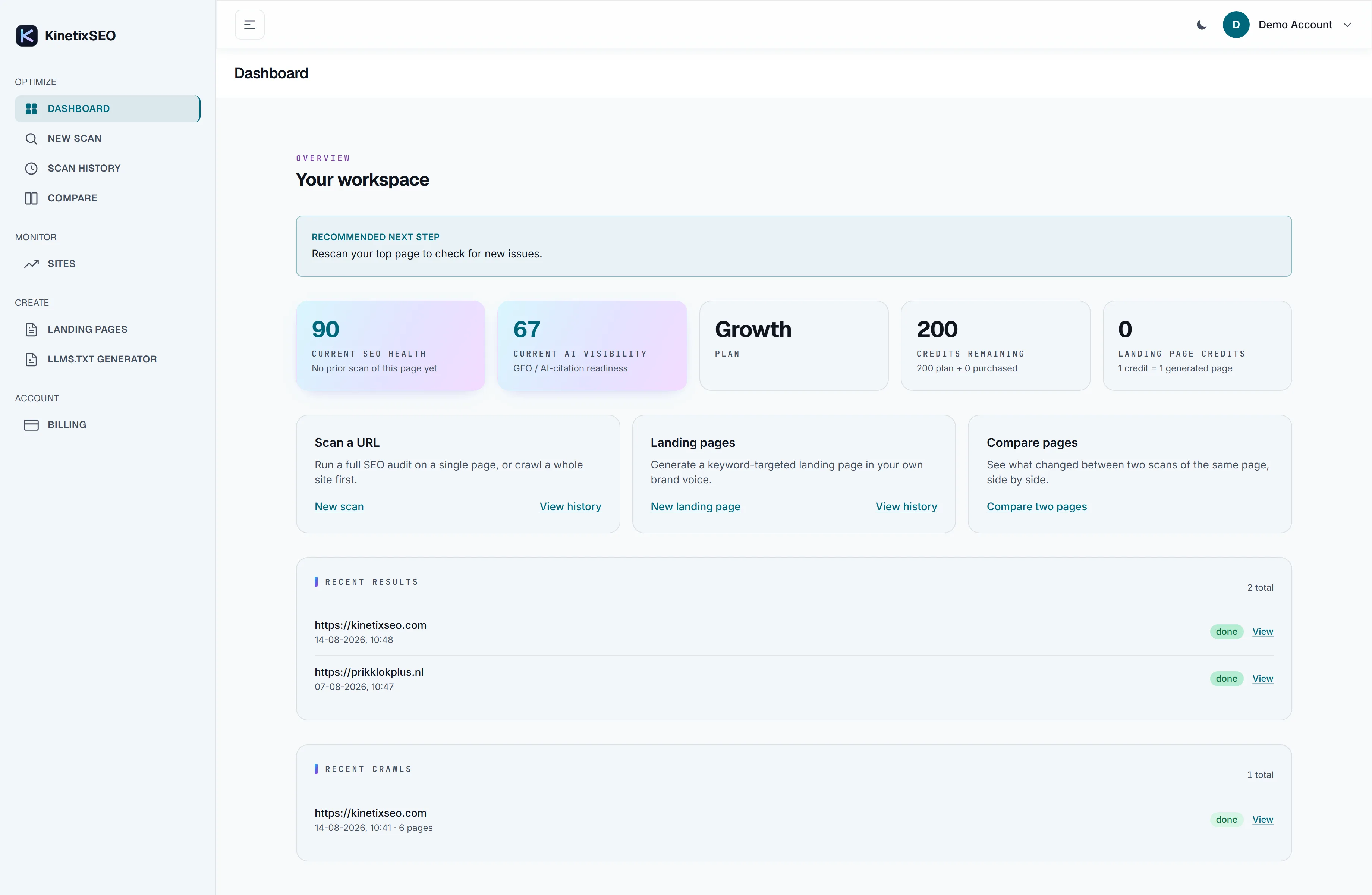 The KinetixSEO dashboard showing SEO Health Score and GEO Readiness Score for a site