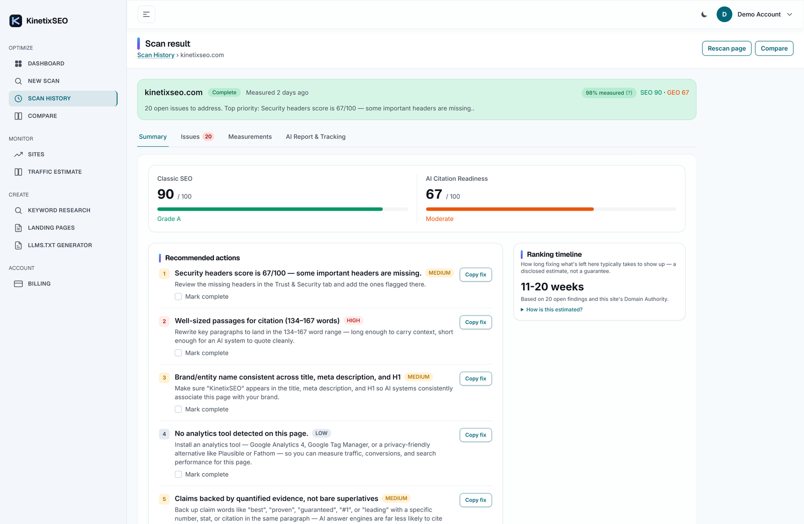 Current KinetixSEO scan result with recommended actions, evidence and tailored fixes
