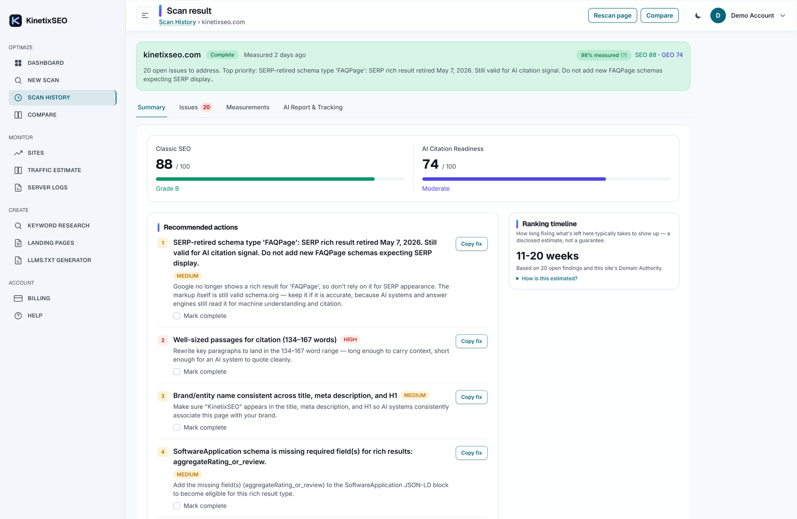 Current KinetixSEO scan result with recommended actions, evidence and tailored fixes