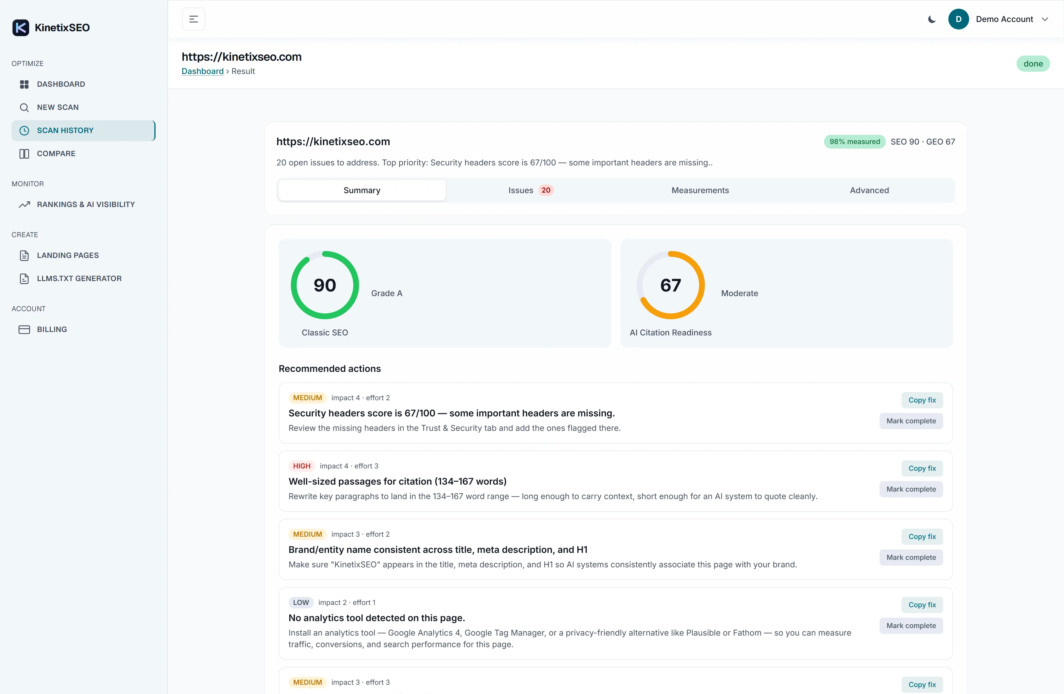 A ranked SEO finding from a KinetixSEO audit, showing impact vs. effort scoring and a ready-to-use fix