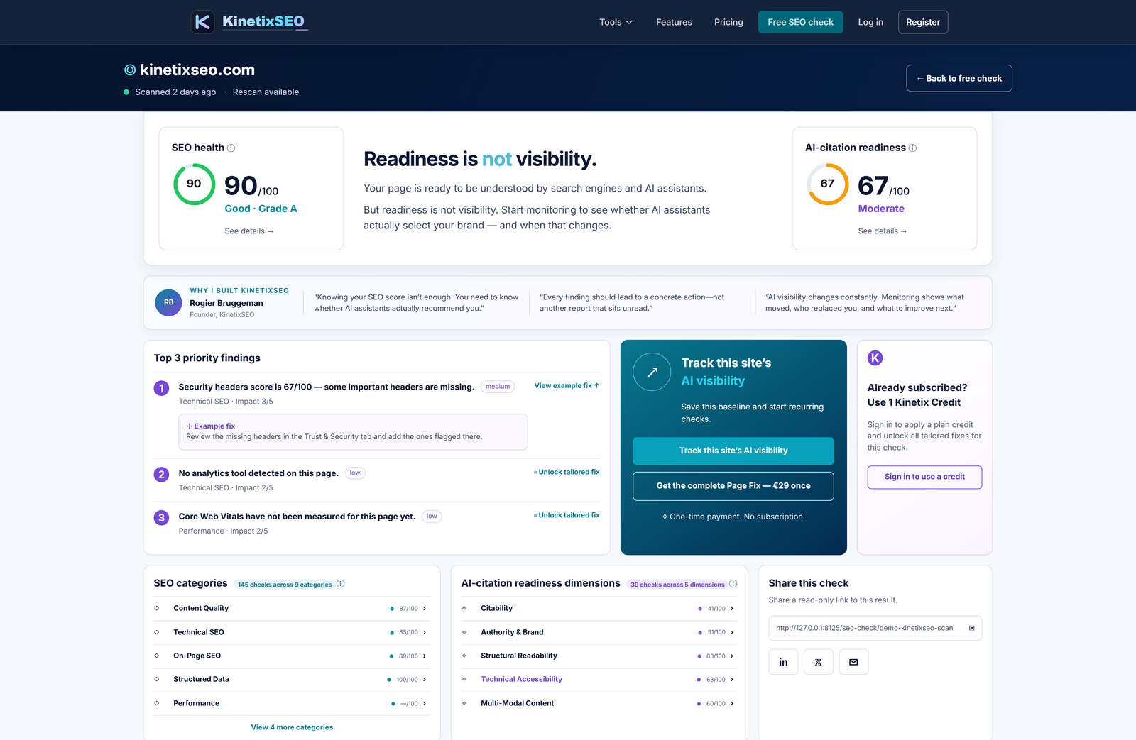 Real KinetixSEO free check result showing SEO health and AI-citation readiness