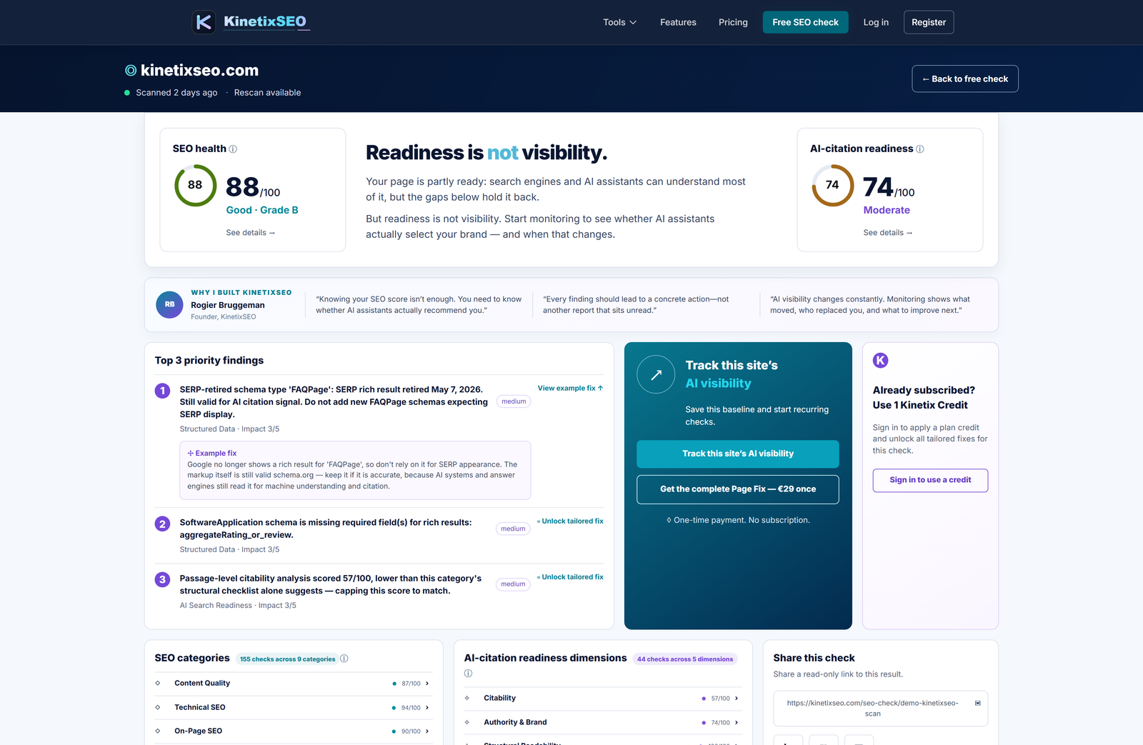 Real KinetixSEO free check result showing SEO health and AI-citation readiness