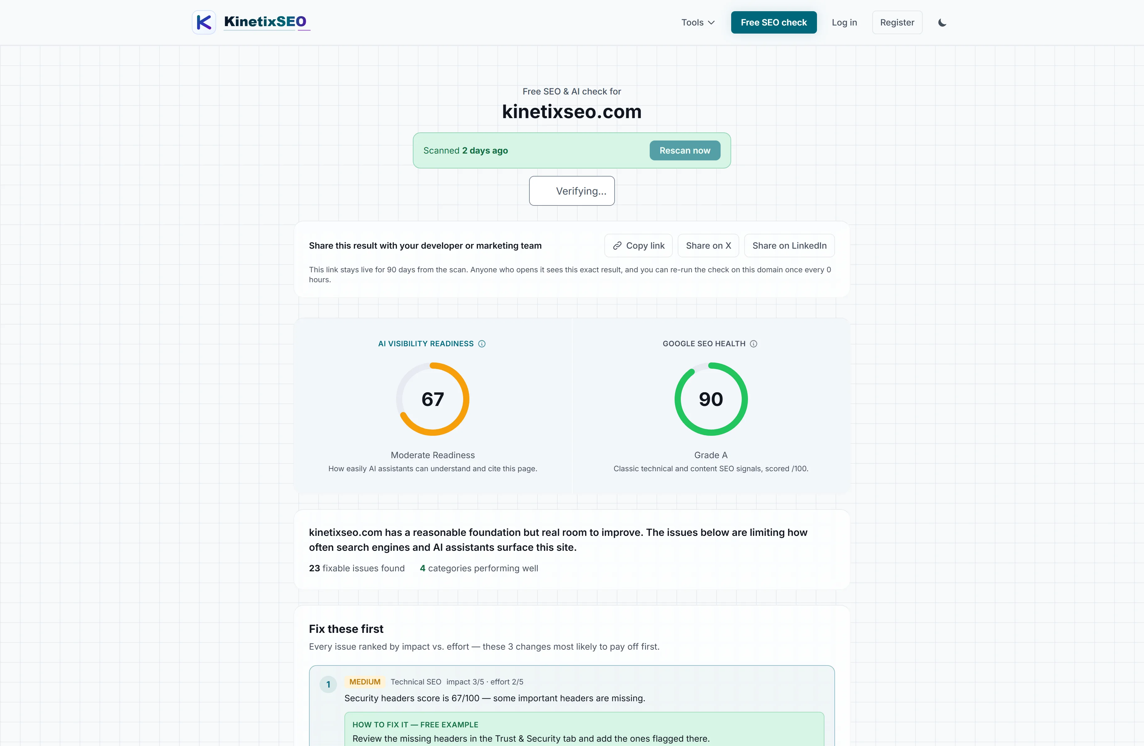 Paste a URL and get a real score in minutes — the same free check we ran on our own site, shown here exactly as a visitor sees it.